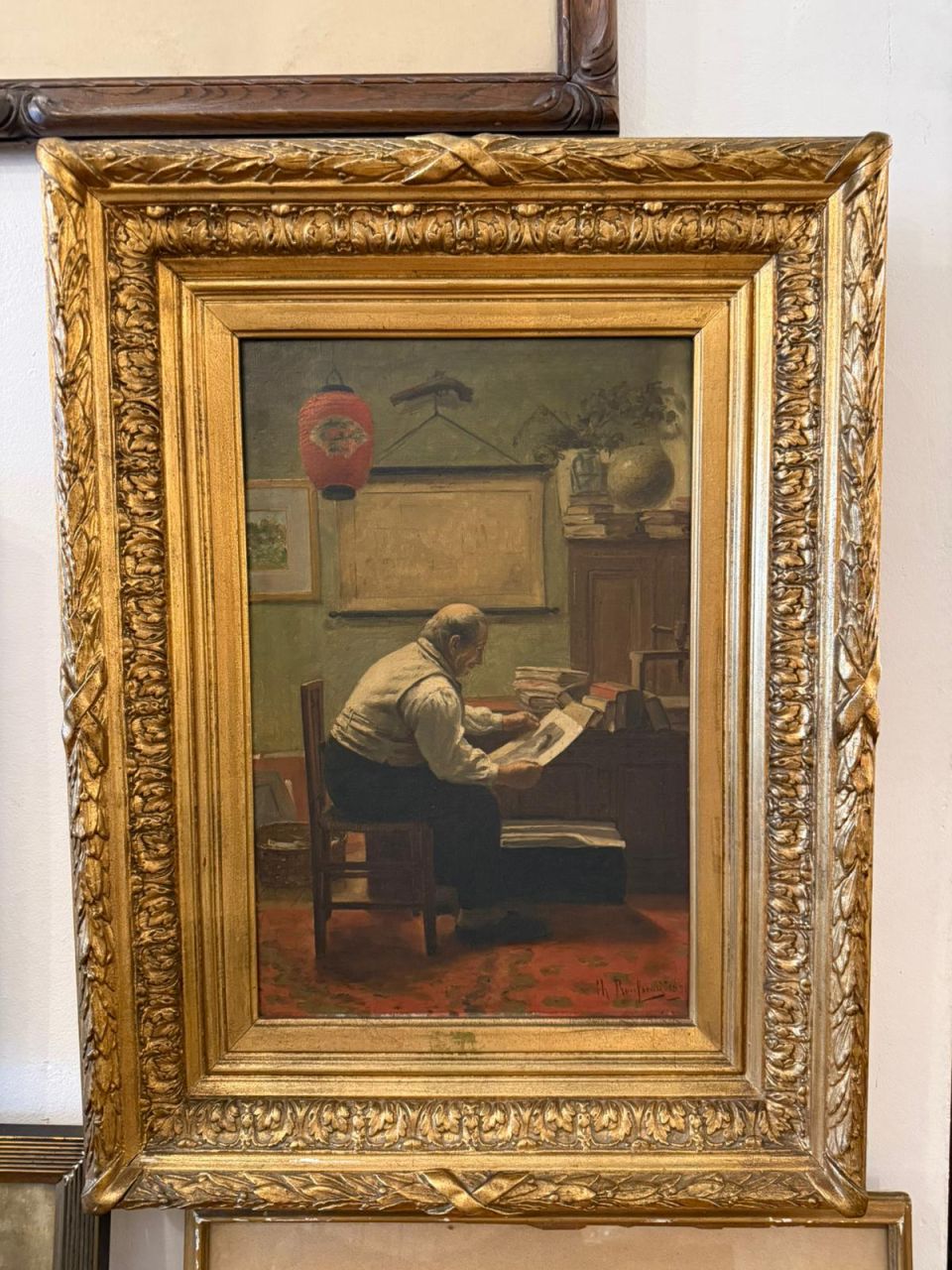 Peinture à l’huile intitulé « Le collectionneur admirant son Tableau »