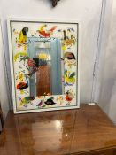 Peinture à la main sur verre d&rsquo;oiseaux colorés – fond blanc avec miroir