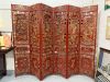 Paravent chinois à 8 panneaux en bois sculpté et laqué rouge
